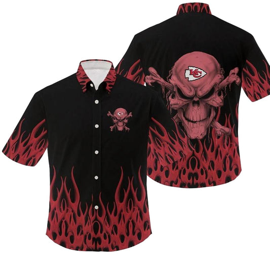Kansas City Chiefs Graphic Skull Flame Hawaiian Shirt Unisex Aloha Tee - Moonbestprint