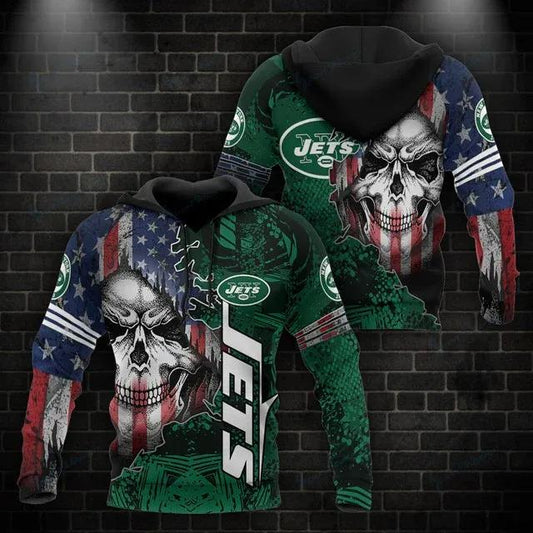 NFL New York Jets Skull American Flag NFL 3D All Over Print Hoodie -Moonbestprint