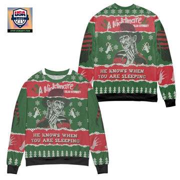 Nightmare On Elm Street He Knows Ugly Christmas Sweater ? Green Red ? Usalast