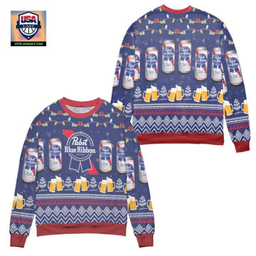 Pabst Blue Ribbon Beer Lights And Snow Ugly Christmas Sweater ? Blue ? Usalast