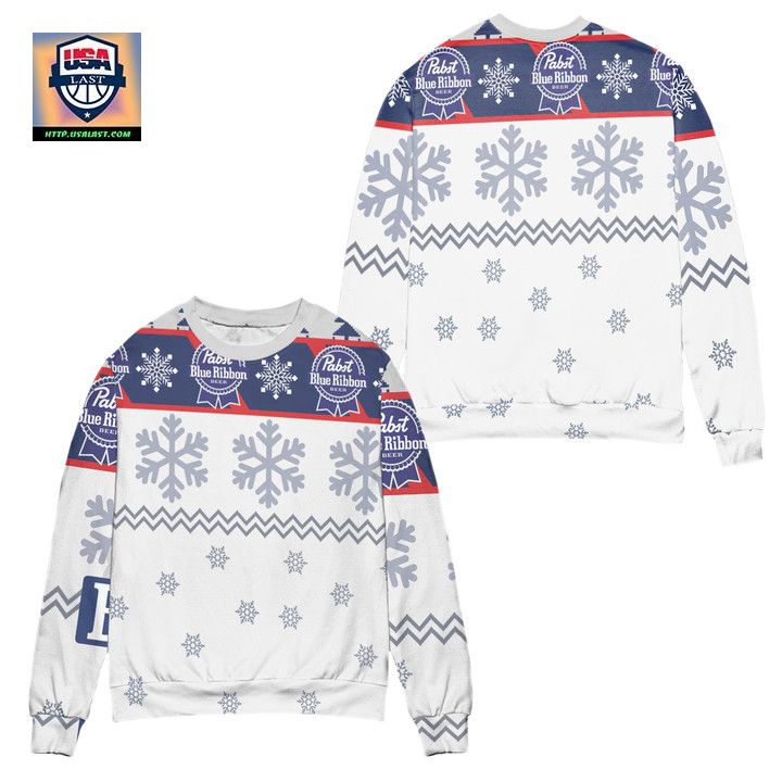 Pabst Blue Ribbon Snowflake Pattern Ugly Christmas Sweater ? White ? Usalast