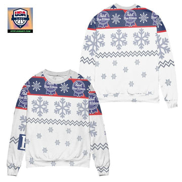 Pabst Blue Ribbon Snowflake Pattern Ugly Christmas Sweater ? White ? Usalast