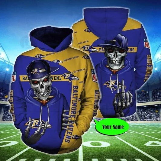 Personalized Baltimore Ravens Hiphop Skeleton NFL 3D All Over Print Hoodie -Moonbestprint