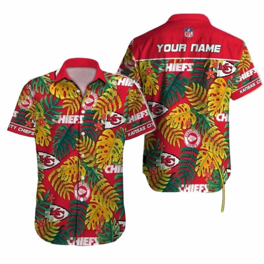 Personalized Kansas City Chiefs Palm Leaves Hawaiian Shirt Unisex Graphic Tee - Moonbestprint