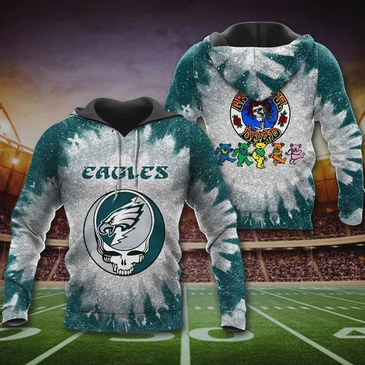 Philadelphia Eagles Grateful Dead Skull NFL 3D All Over Print Hoodie -Moonbestprint