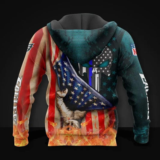 Philadelphia Eagles Skull American Flag NFL 3D All Over Print Hoodie -Moonbestprint