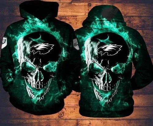 Philadelphia Eagles Skull FIre NFL 3D All Over Print Hoodie -Moonbestprint