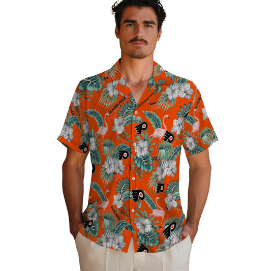 Philadelphia Flyers Hawaiian Shirt - Flamingo and Hibiscus | Moonbestprint