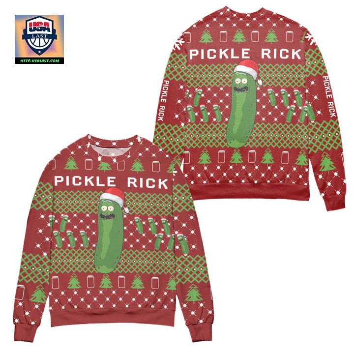 Pickle Rick and Morty Christmas Pine Tree Pattern Ugly Christmas Sweater ? Red ? Usalast