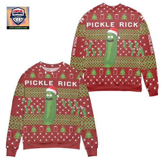 Pickle Rick and Morty Christmas Pine Tree Pattern Ugly Christmas Sweater ? Red ? Usalast