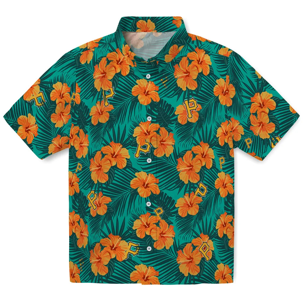 Pittsburgh Pirates Hawaiian Shirt - Hibiscus and Palm Leaves | Moonbestprint