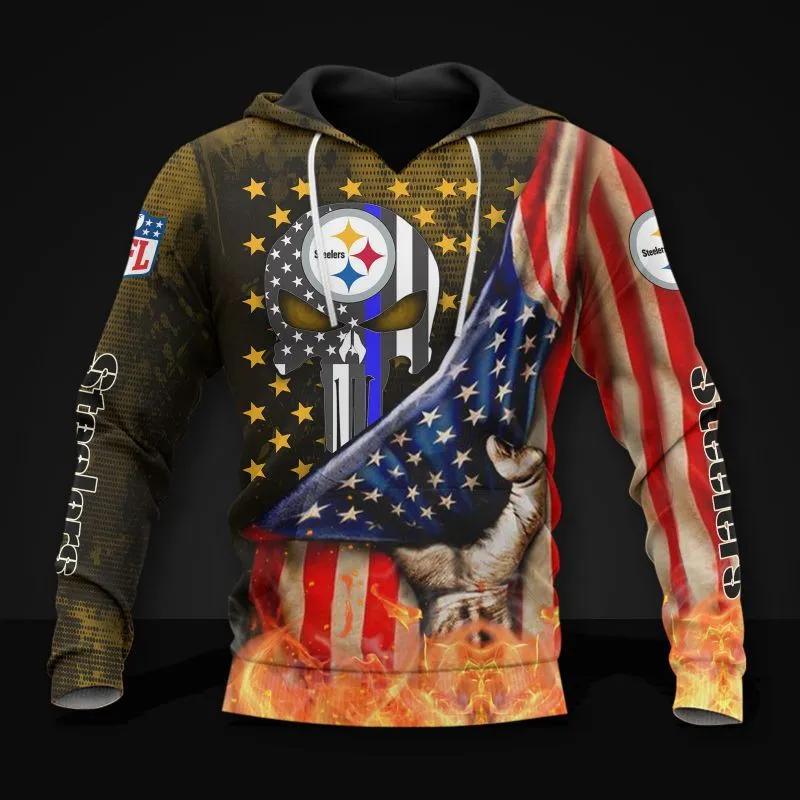 Pittsburgh Steelers American Flag Skull NFL 3D All Over Print Hoodie -Moonbestprint