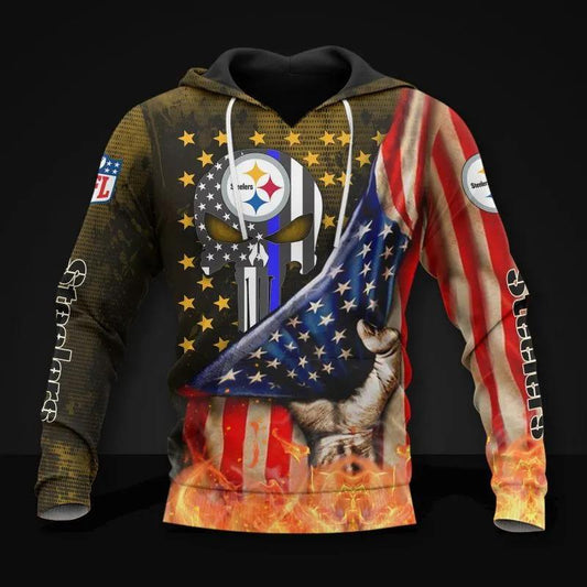 Pittsburgh Steelers American Flag Skull NFL 3D All Over Print Hoodie -Moonbestprint