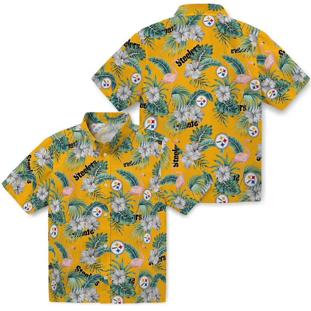 Pittsburgh Steelers Hawaiian Shirt - Flamingo and Hibiscus | Moonbestprint