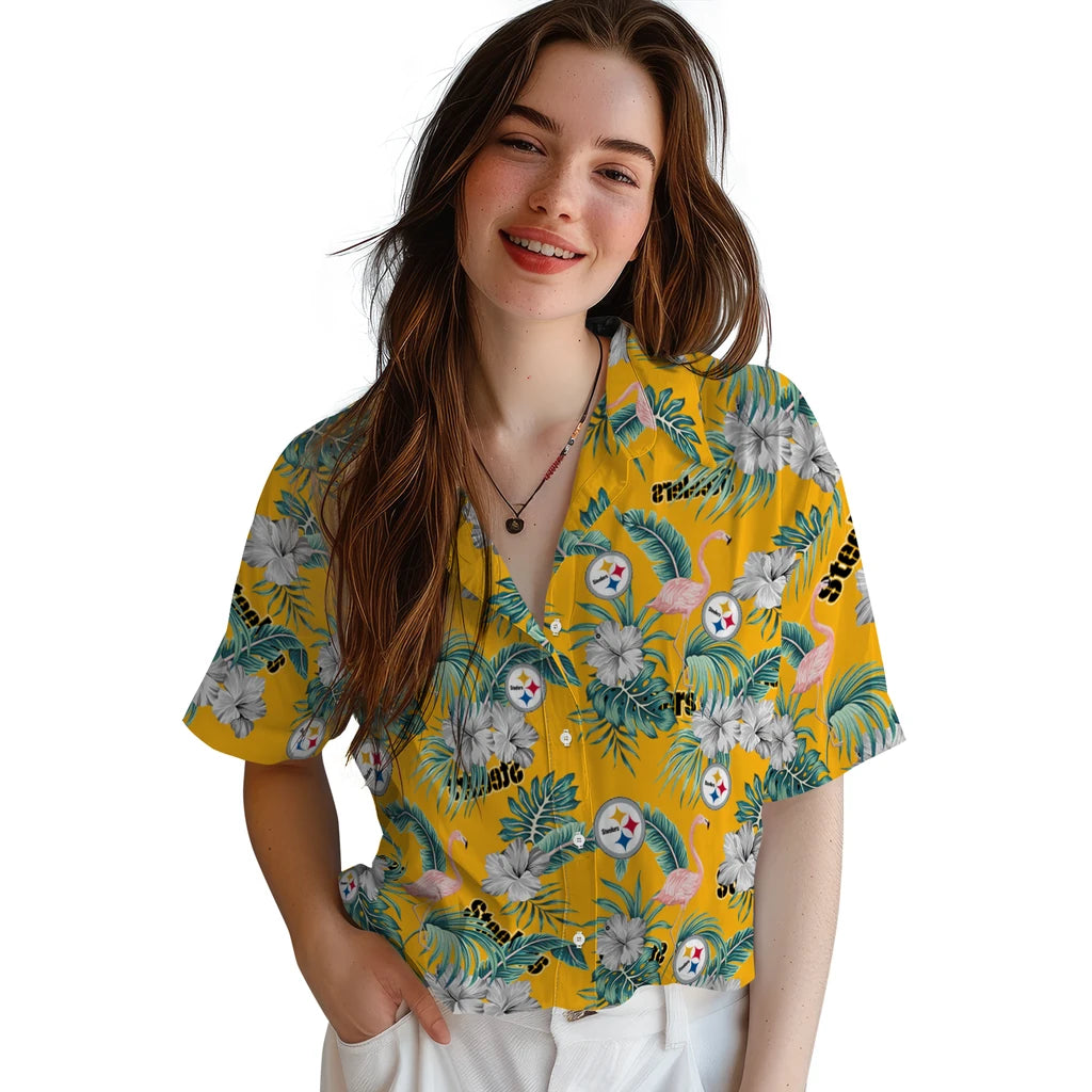 Pittsburgh Steelers Hawaiian Shirt - Flamingo and Hibiscus | Moonbestprint