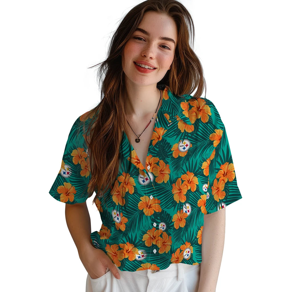 Pittsburgh Steelers Hawaiian Shirt - Hibiscus and Palm Leaves | Moonbestprint