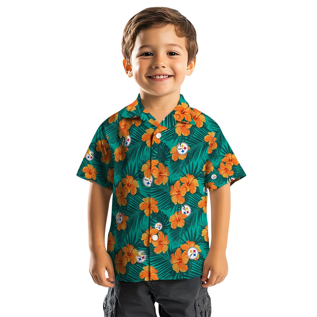 Pittsburgh Steelers Hawaiian Shirt - Hibiscus and Palm Leaves | Moonbestprint