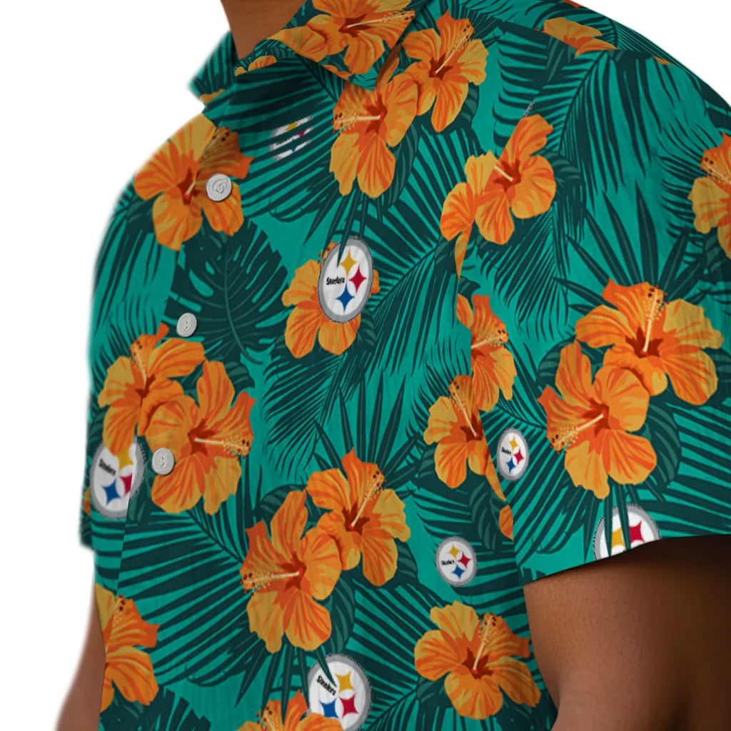 Pittsburgh Steelers Hawaiian Shirt - Hibiscus and Palm Leaves | Moonbestprint