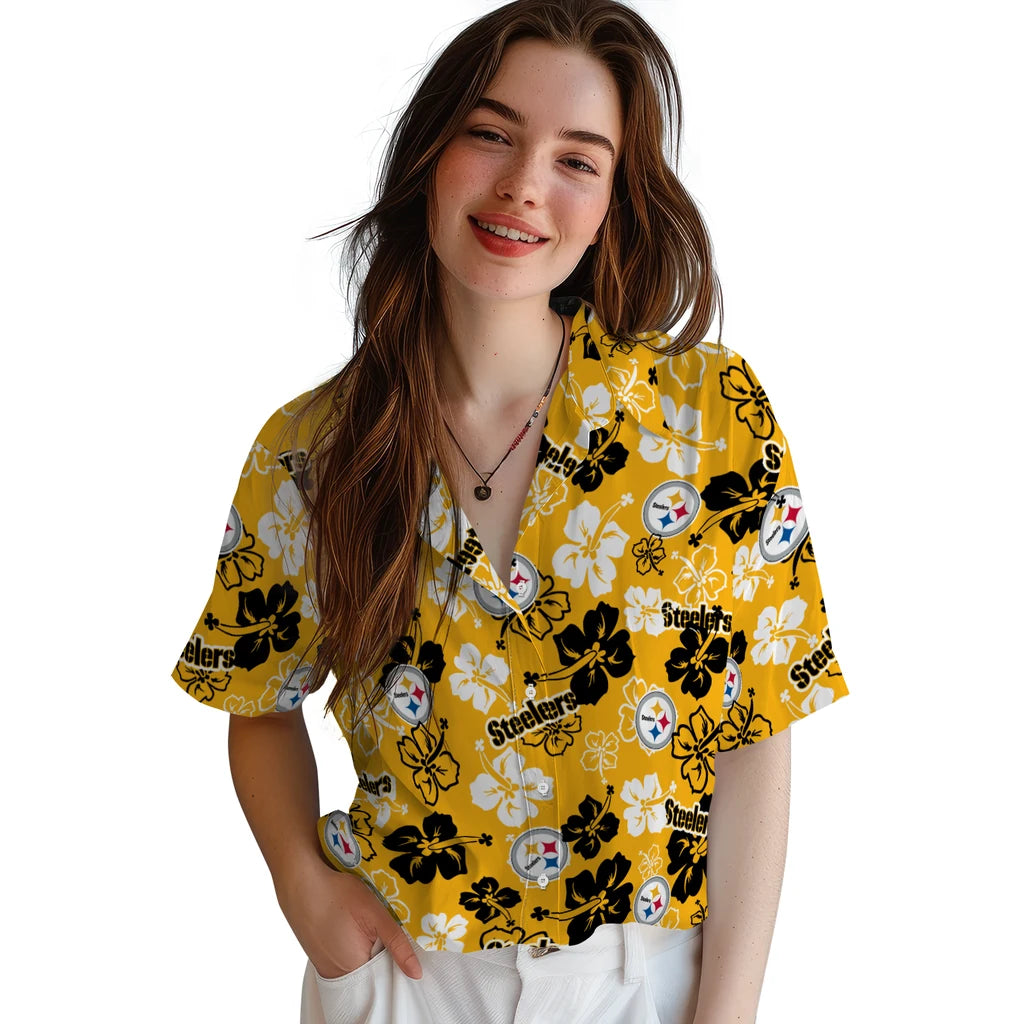 Pittsburgh Steelers Hawaiian Shirt - Hibiscus Flower Design | Moonbestprint