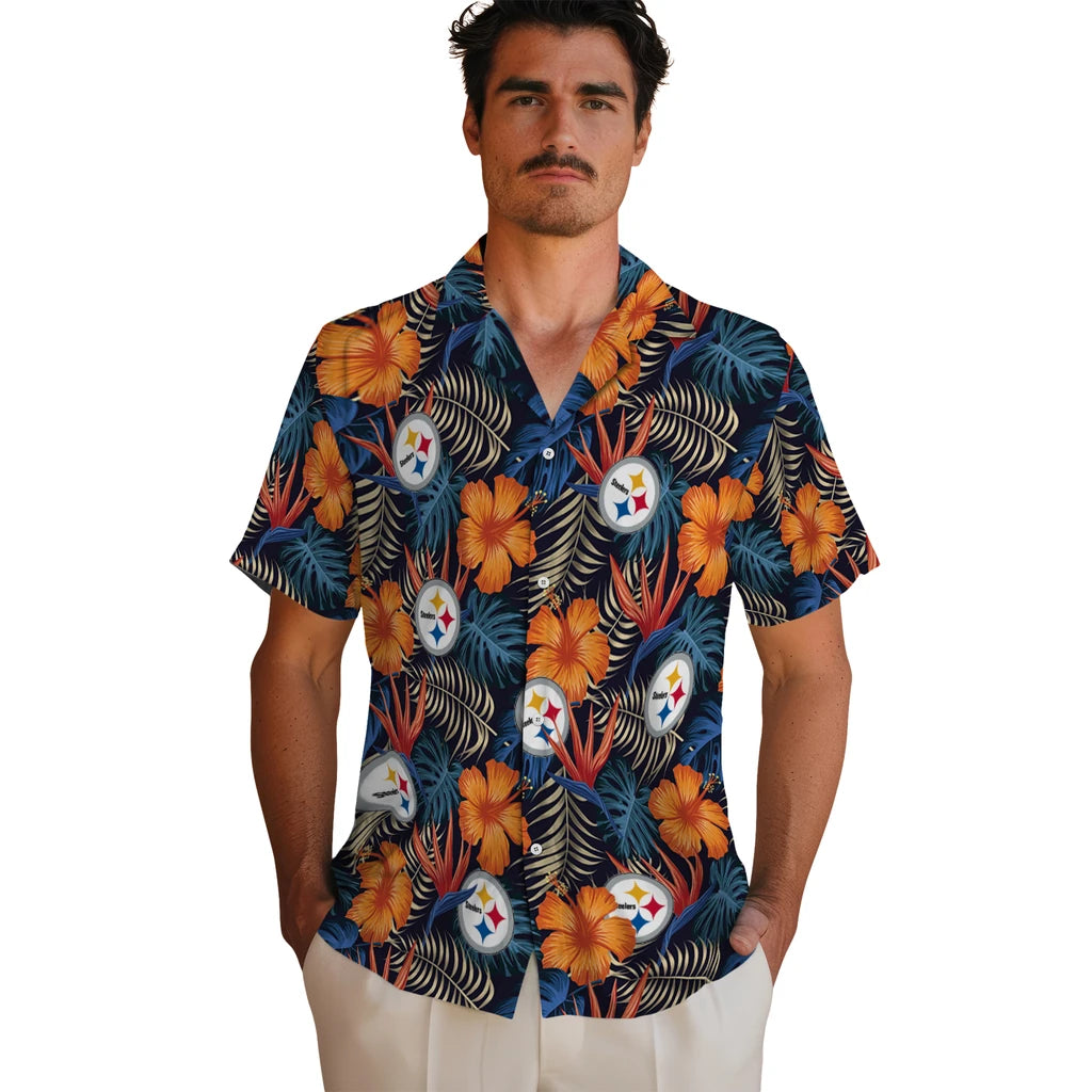 Pittsburgh Steelers Hawaiian Shirt - Hibiscus Foliage | Moonbestprint