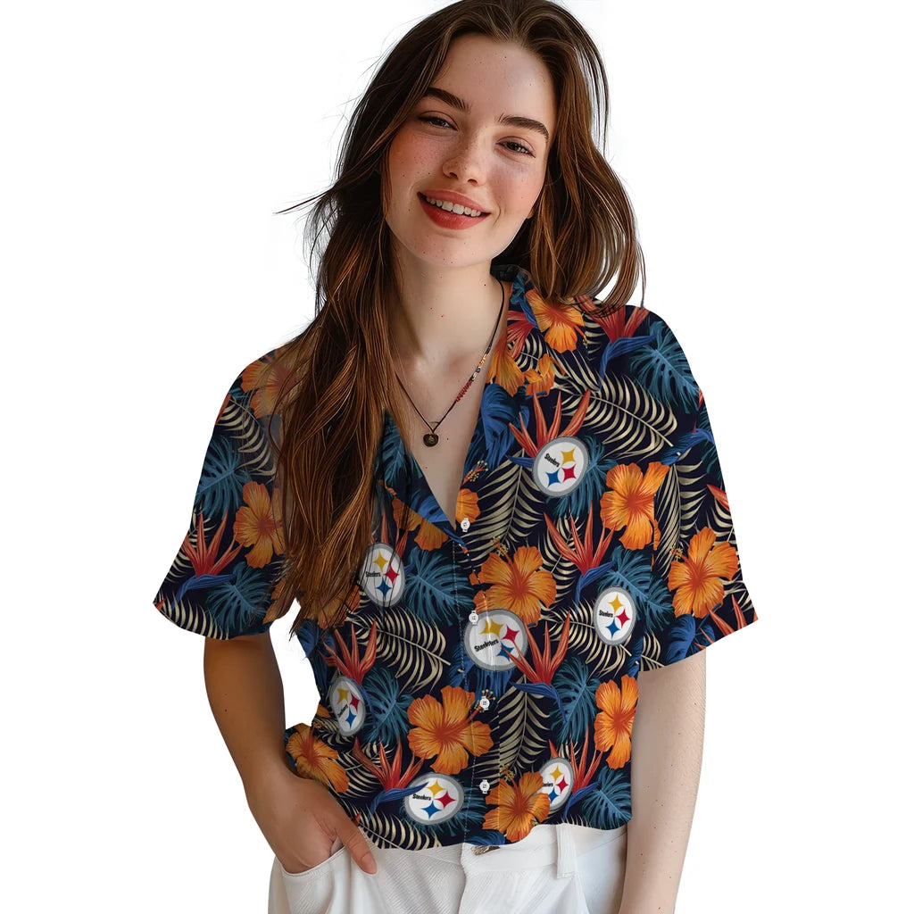 Pittsburgh Steelers Hawaiian Shirt - Hibiscus Foliage | Moonbestprint