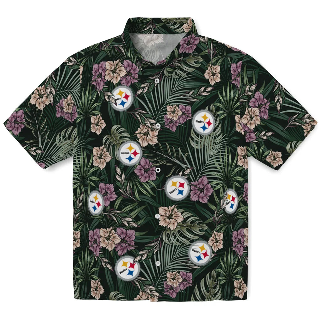 Pittsburgh Steelers Hawaiian Shirt - Hibiscus Leaves Pattern | Moonbestprint