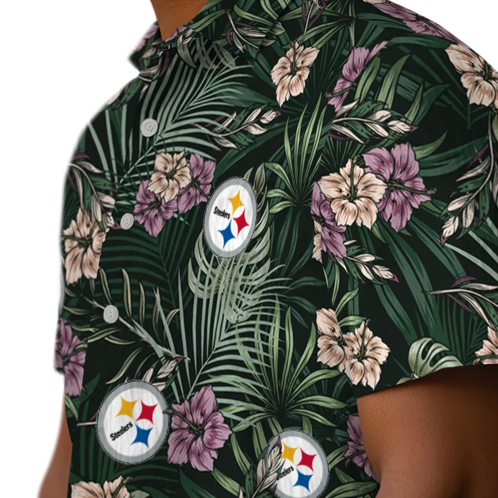 Pittsburgh Steelers Hawaiian Shirt - Hibiscus Leaves Pattern | Moonbestprint