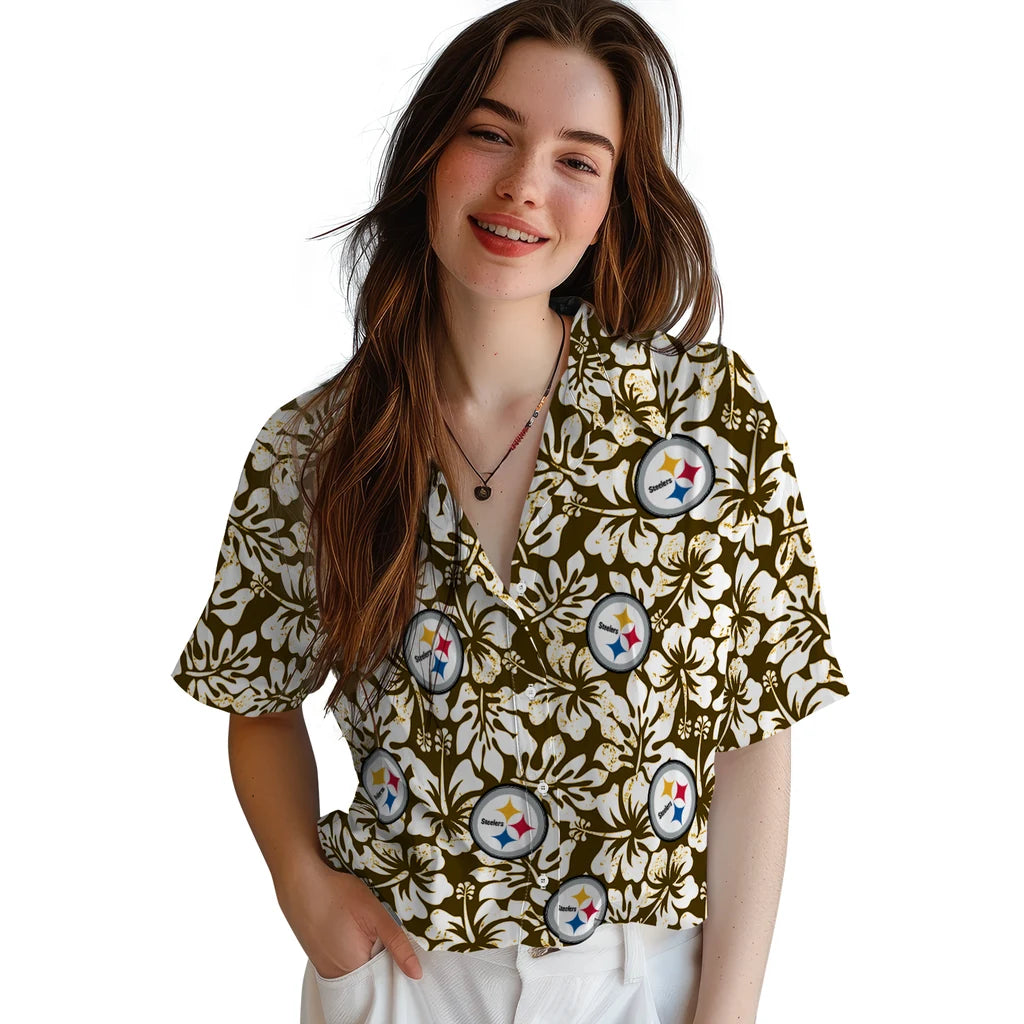 Pittsburgh Steelers Hawaiian Shirt - Hibiscus Motif | Moonbestprint