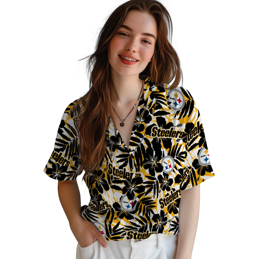 Pittsburgh Steelers Hawaiian Shirt - Hibiscus Overlay | Moonbestprint