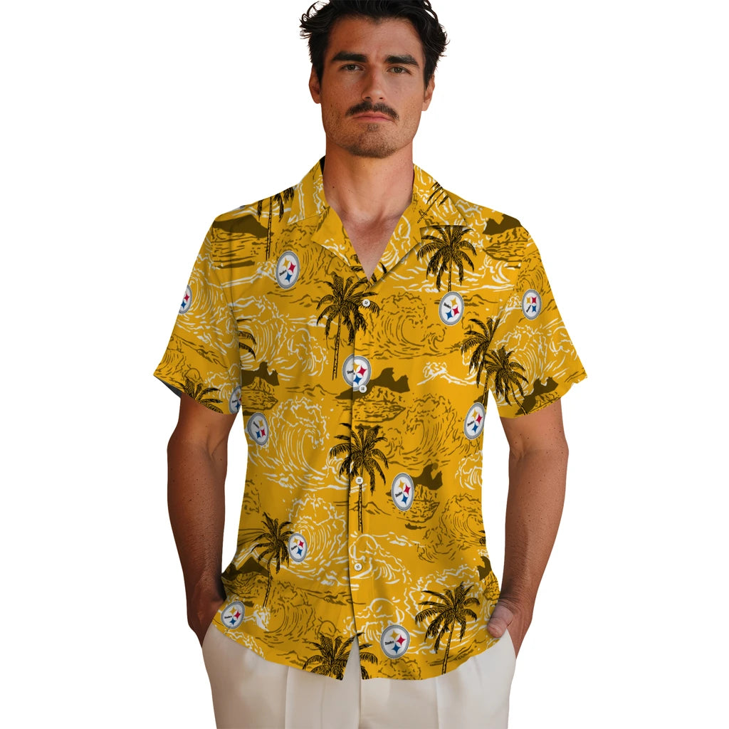 Pittsburgh Steelers Hawaiian Shirt - Wave Palm | Moonbestprint