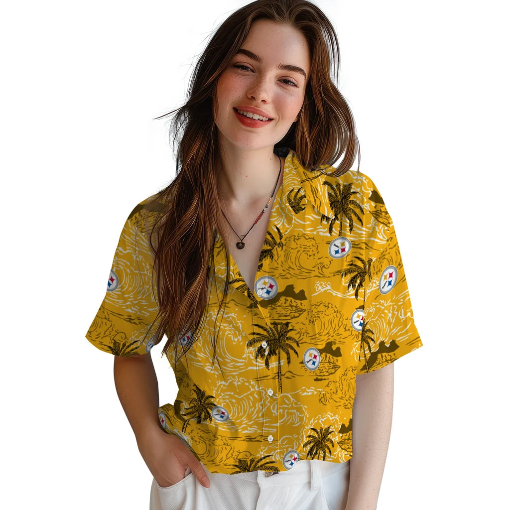 Pittsburgh Steelers Hawaiian Shirt - Wave Palm | Moonbestprint