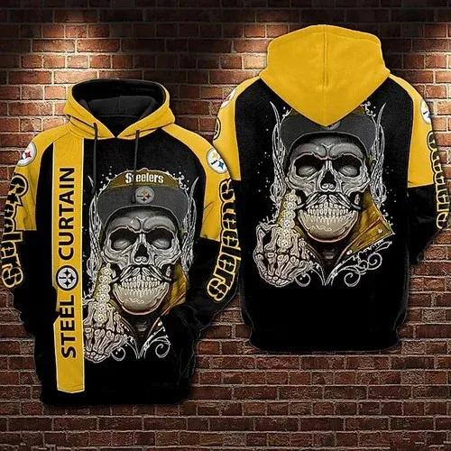 Pittsburgh Steelers Skeleton Middle Finger NFL 3D All Over Print Hoodie -Moonbestprint
