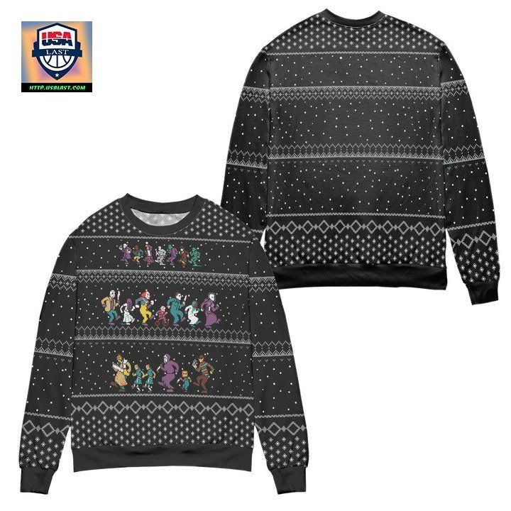 Pixel Horror Characters Snowy Night Ugly Christmas Sweater ? Black ? Usalast