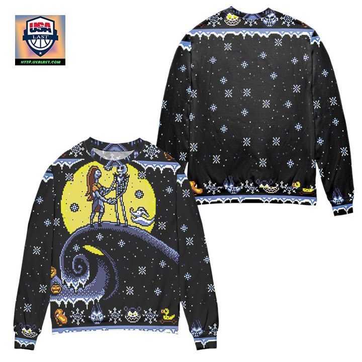 Pixel Jack And Sally Snowy Night Ugly Christmas Sweater ? Black ? Usalast