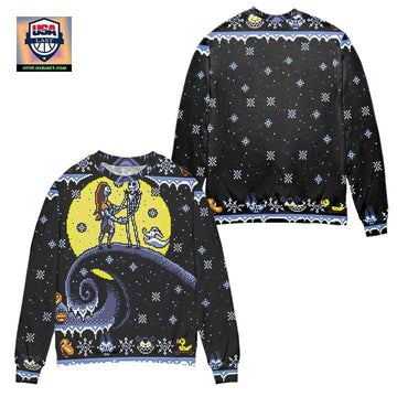 Pixel Jack And Sally Snowy Night Ugly Christmas Sweater ? Black ? Usalast