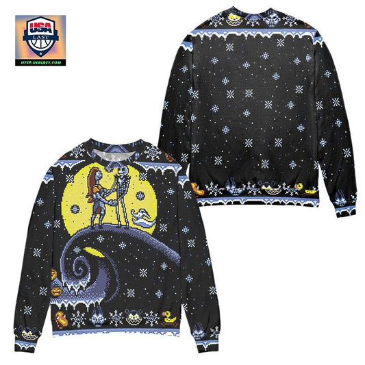 Pixel Jack And Sally Snowy Night Ugly Christmas Sweater ? Black ? Usalast