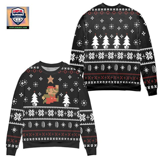 Pixel Mario Pine Tree And Snowflake Pattern Ugly Christmas Sweater ? Black ? Usalast