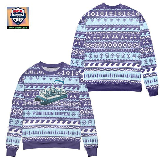 Pontoon Queen Penguin Snowflake Ugly Christmas Sweater ? Blue ? Usalast
