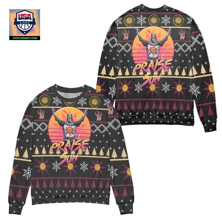 Praise The Sun Dark Souls Snowflake Pattern Ugly Christmas Sweater ? Black ? Usalast