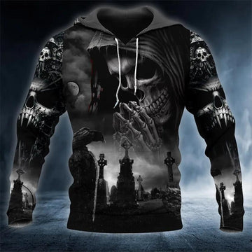 Praying Grim Reaper In Graveyard Skull 3D All Over Print Hoodie -Moonbestprint