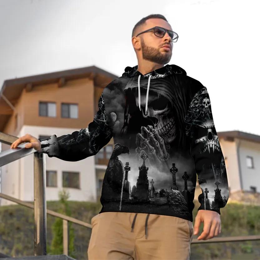 Praying Grim Reaper In Graveyard Skull 3D All Over Print Hoodie -Moonbestprint