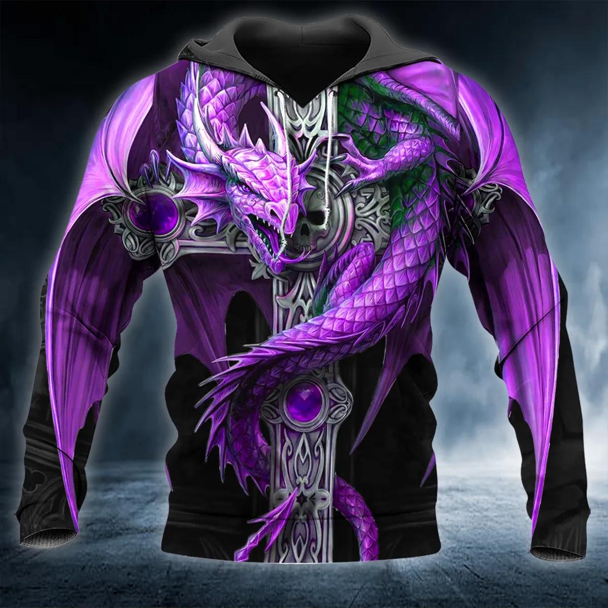 Purple Winged Dragon On Cross Sword Skull 3D All Over Print Hoodie -Moonbestprint