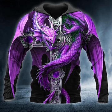 Purple Winged Dragon On Cross Sword Skull 3D All Over Print Hoodie -Moonbestprint
