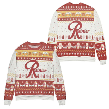 Rainier Beer Reindeer Pine Tree Pattern Ugly Christmas Sweater ? Usalast