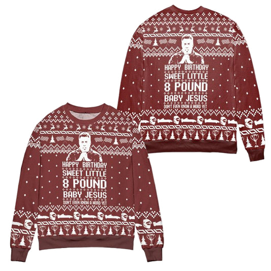 Ricky Bobby Happy Birthday Sweet Little 8 Pound Baby Jesus Ugly Christmas Sweater ? Red ? Usalast