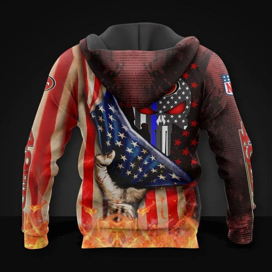 San Francisco 49ers American Flag Skull NFL 3D All Over Print Hoodie -Moonbestprint