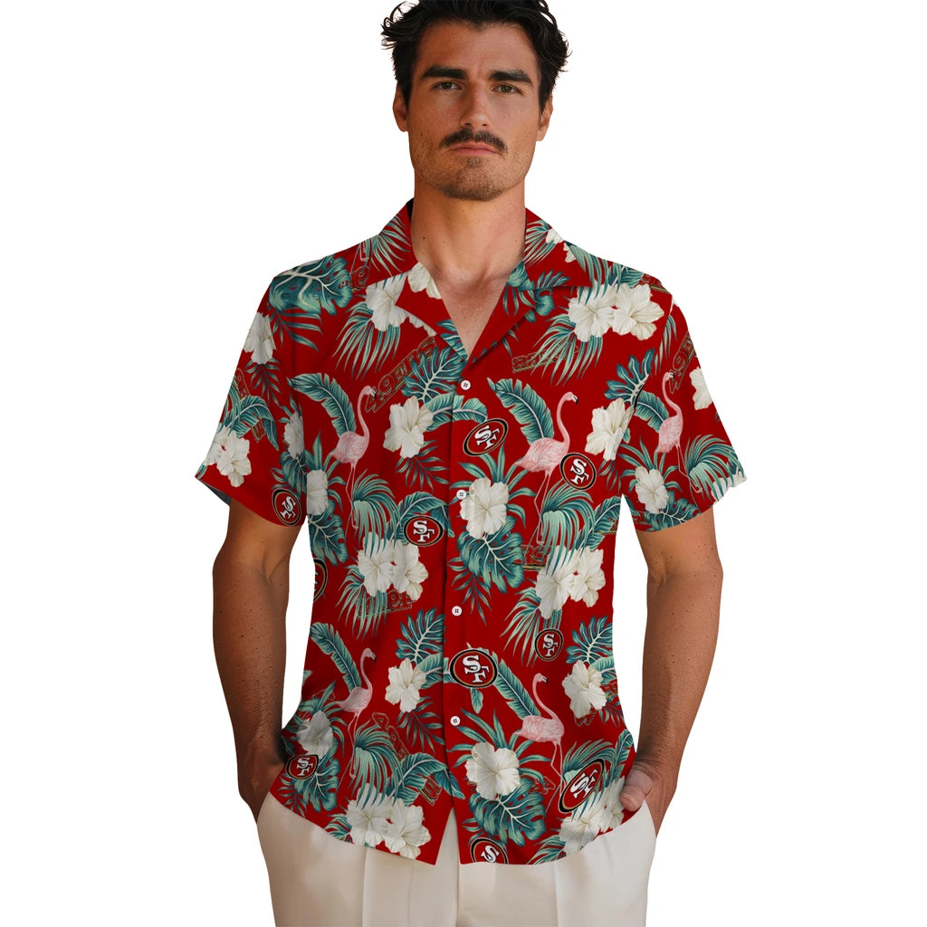 San Francisco 49ers Hawaiian Shirt - Flamingo and Hibiscus | Moonbestprint