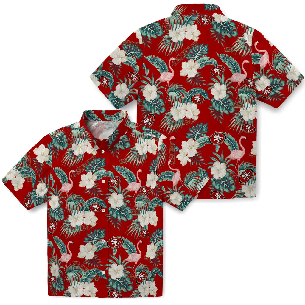 San Francisco 49ers Hawaiian Shirt - Flamingo and Hibiscus | Moonbestprint