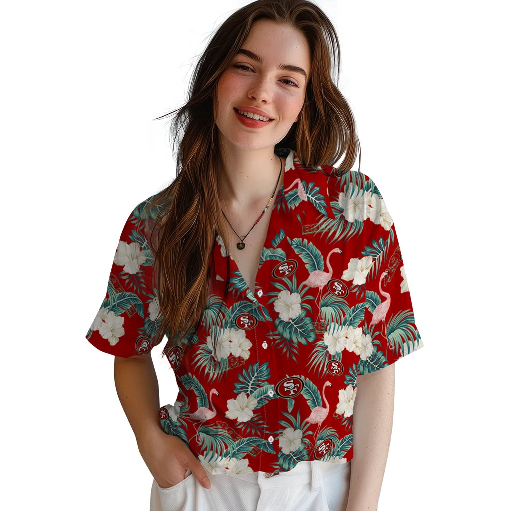 San Francisco 49ers Hawaiian Shirt - Flamingo and Hibiscus | Moonbestprint