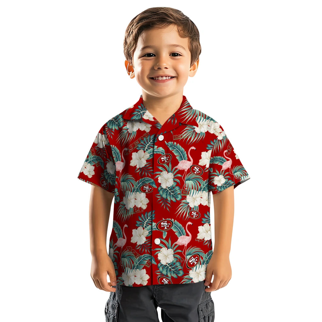 San Francisco 49ers Hawaiian Shirt - Flamingo and Hibiscus | Moonbestprint